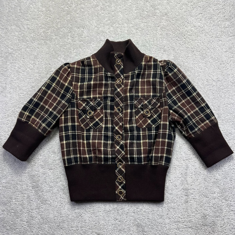 Wet Seal Bomber Jacket Womens Large Brown Plaid Wool Blend Cropped VTG Y2K